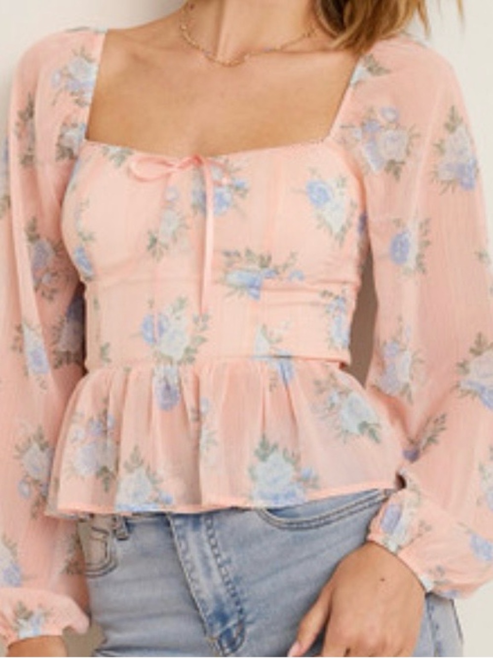 NWT Francesca's Margo Peach and Blue Floral Square-Neck Peplum Blouse